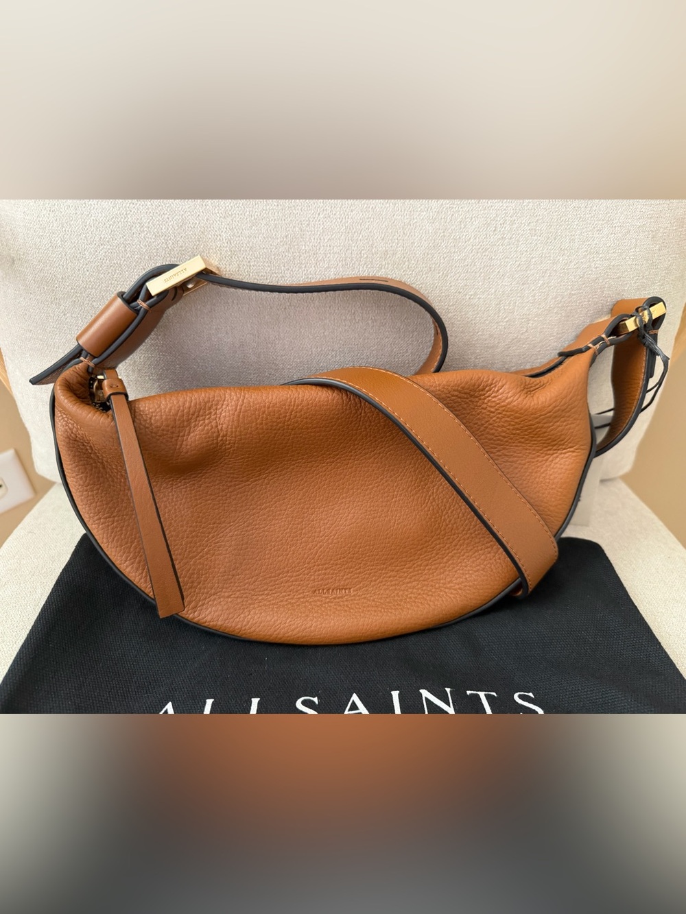 All Saints Half Moon Leather Crossbody - Sepia Brown - Picture 2 of 13